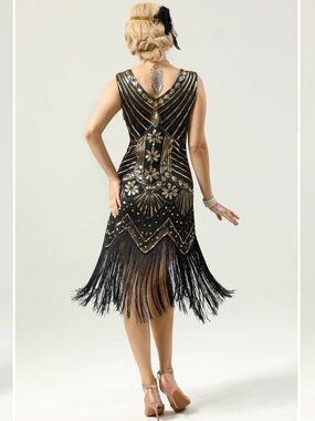 1920s Gatsby Flapper Fringe Dress Dark Green Sequin Art Deco Cocktail SMALL NWOT